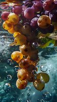 Fresh grapes underwater with rising bubbles, colorful bunch of yellow, red, and purple fruit in clear water with sunlight reflections.