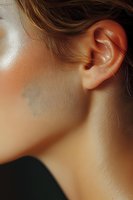 Close-up macro shot of female ear and neck with soft skin texture and natural lighting, showing anatomical detail for medical or beauty concept purposes.