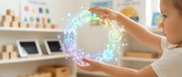 Young woman creating holographic digital interface with glowing circular elements and futuristic technology symbols in modern workspace environment.