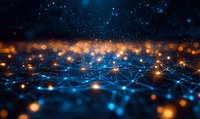 Abstract network visualization with glowing orange and blue nodes connected by illuminated lines against dark background, representing digital connectivity and data flow.