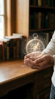 Hands holding glowing compass with magical light effects in library setting for navigation and direction concepts.