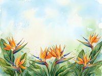 Watercolor bird of paradise flowers with lush green leaves on a soft blue background, perfect for cards, prints, and tropical decor.