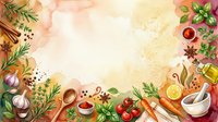 Culinary herbs, spices and fresh ingredients arranged on watercolor background with copy space for cooking or recipe content.