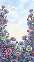 Watercolor wildflower border frame with purple pink daisies and asters on pastel sky background for greeting cards and wedding invitations.
