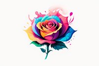 Vibrant rainbow rose with multicolored petals in pink, blue, yellow and purple hues on isolated white background, featuring artistic splashes and decorative elements.