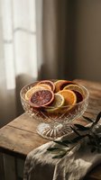 Dried citrus slices in crystal bowl on rustic wooden table with natural window light creating warm atmospheric home decor and culinary styling composition.