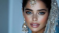 Young South Asian woman in traditional bridal jewelry with ornate tikka and chandelier earrings against soft blue background for wedding photography.