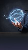 Businessman holding glowing digital sphere with network connections and data streams floating above palm in futuristic technology concept.