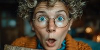 Surprised elderly Caucasian woman with curly gray hair and round glasses showing shocked facial expression with wide blue eyes and open mouth in warm lighting.