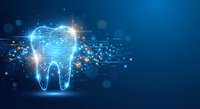 Digital tooth with circuit board pattern and glowing particles on blue background for dental technology and healthcare innovation concepts.