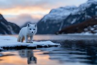 Arctic fox standing on snowy shore at sunset, reflected in calm lake water against dramatic mountain backdrop. Wildlife in natural winter habitat.