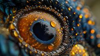 Extreme macro photography of bird eye with water droplets showing intricate feather detail and amber iris with dark pupil in stunning natural light.