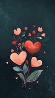 Romantic heart-shaped flowers in coral and red tones bloom against dark teal background with delicate leaves and floating hearts, creating magical valentine mood.