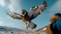 Majestic Northern Hawk Owl in flight against blue sky, wings spread wide showing detailed feather pattern, hunting pose captured in dramatic wildlife moment.