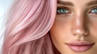 Close-up portrait of young Caucasian woman with pink hair and blue eyes showcasing natural freckled skin and soft makeup for beauty and fashion concepts.
