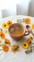 Wooden cup of herbal tea surrounded by fresh and dried calendula flowers and herbs on white linen cloth, perfect for wellness and natural remedy designs.