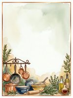 Watercolor kitchen frame with copper pots, herbs, olive oil, and bowls, featuring copy space for recipe cards or menu design.