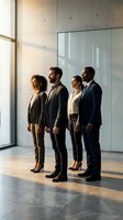 Diverse business team of four professionals standing together in modern office with natural lighting and concrete walls for corporate presentations.