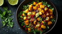 Roasted butternut squash salad with pomegranate seeds, fresh herbs and lime in rustic bowl. Healthy vegetarian autumn dish for seasonal cooking and dining.
