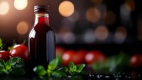 Fresh tomato juice in glass bottle with raw vegetables and herbs on dark background with bokeh lights. Natural organic beverage concept.