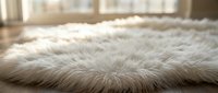 Soft white faux fur rug on wooden floor in bright modern living room interior with natural sunlight creating cozy home decor atmosphere.