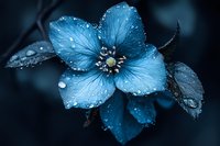 Delicate blue flower with water droplets on petals against dark background, creating moody and atmospheric nature macro photography.