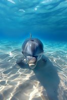 Curious dolphin swimming in crystal clear turquoise water, looking directly at camera with sandy ocean floor and sunlight ripples creating natural underwater patterns.