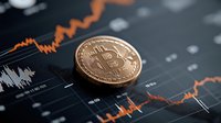 Golden cryptocurrency coin on financial chart with rising orange trend line showing market growth and price movement analysis for digital currency trading.