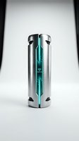 Futuristic smart home device with metallic silver cylindrical body and glowing turquoise digital display panel, featuring wireless connectivity icon for modern technology and IoT applications.