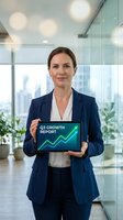 Confident Caucasian businesswoman in navy suit holding tablet with growth chart in modern office, presenting quarterly financial report results.