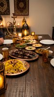 Traditional Middle Eastern feast with grilled kebabs, rice pilaf, and mezze dishes on wooden table with ornate lanterns and Persian carpets in warm candlelit setting.