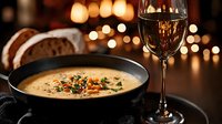 Creamy homemade soup garnished with herbs and croutons served in dark bowl with glass of red wine against blurred warm lights background. Cozy dinner setting.