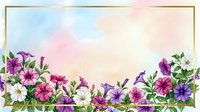 Watercolor floral border with purple pink petunias and green leaves on soft pastel background for spring summer designs and greeting cards.