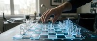 Businessman hand touching futuristic holographic city model with glowing blue buildings on modern office desk for urban planning and smart city development.