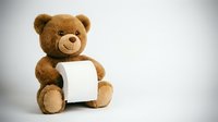 Adorable brown teddy bear holding blank white paper card on clean background, perfect for personalized messages, announcements, and custom designs.