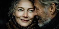 Mature couple sharing intimate moment with warm smiles and gentle embrace showing love and connection in golden light for relationship concepts.