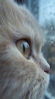 Close-up of a light-colored cat's face with striking amber eyes and vertical pupils, gazing thoughtfully outdoors. Use for pet care, animal behavior, feline content.