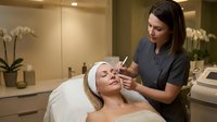 Professional spa treatment with beautician applying facial mask to relaxed female client in luxury wellness center with orchid decor.