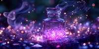Magical glowing bottle with purple sparkles and smoke effects against dark background, creating mystical atmosphere with bokeh lights and glitter particles.