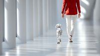 Woman in red blazer and white pants walking with Dalmatian dog in minimalist white corridor with dramatic shadows from columns, creating modern architectural composition.