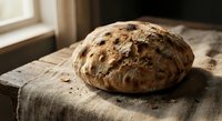 Freshly baked artisan bread loaf with golden crust and rustic texture sits on wooden table near window, perfect for bakery marketing and food photography.