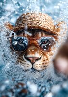 Close up portrait of cool tiger wearing sunglasses surrounded by water splashes and droplets against blue background, creative wildlife concept art.