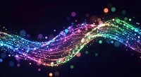 Abstract colorful light wave with glowing particles and bokeh effects on dark background for digital technology and futuristic design projects.