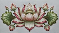 Embroidered lotus flower with leaves and buds in pink and green threads on white fabric, decorative floral needlework design for textile art and crafts.