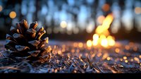 Pine cone on forest ground with glowing campfire bokeh lights in background creating magical evening atmosphere in nature during sunset or dusk.