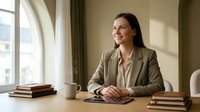 Professional Hispanic businesswoman in beige suit smiling while sitting at wooden desk with books and coffee cup in bright modern office with natural lighting.