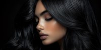 Young South Asian woman with flowing black hair and natural makeup against dark background, side profile portrait showcasing glossy wavy hairstyle and flawless skin.