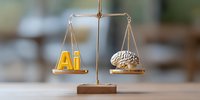 Golden balance scale weighing artificial intelligence letters against human brain on wooden surface with blurred background for technology ethics concepts.
