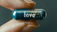 Blue transparent capsule with "love" text and glitter particles held between fingers, concept of emotional wellness or relationship therapy.