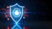 Cybersecurity shield with padlock icon glowing blue against dark digital background with circuit patterns and warning symbols for data protection concepts.